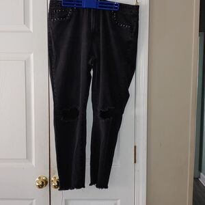 Massini black stretch embellished distressed  ruff hem  jeans  Sz 16